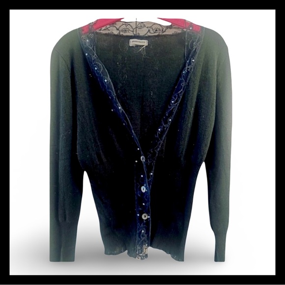 ANONYMOUS black cotton knit cardigan with blue and rhinestone trim. - Picture 2 of 8